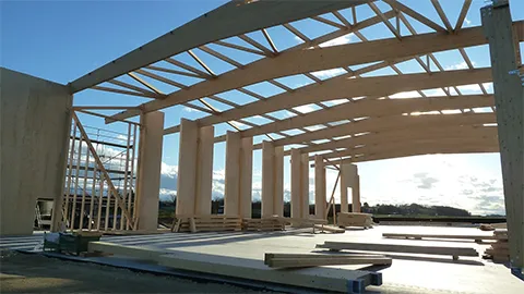 Hallentragwerk der neuen Abbundhalle Holzbau Glaß während der Montage